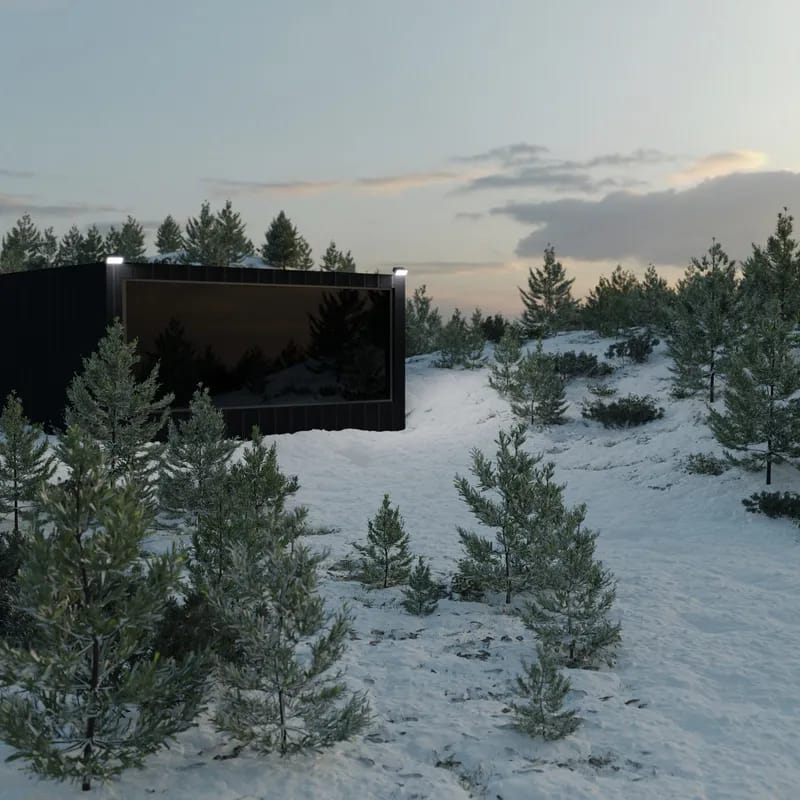Minimalist black structure set within a snowy forest landscape, rendered in 3D
