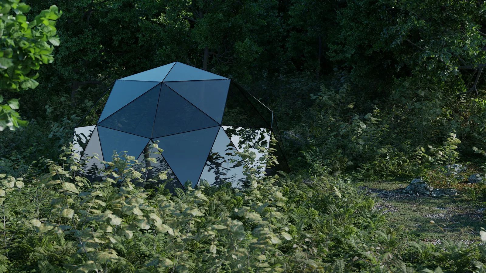 Geometric mirrored structure integrated into a dense forest environment, 3D render