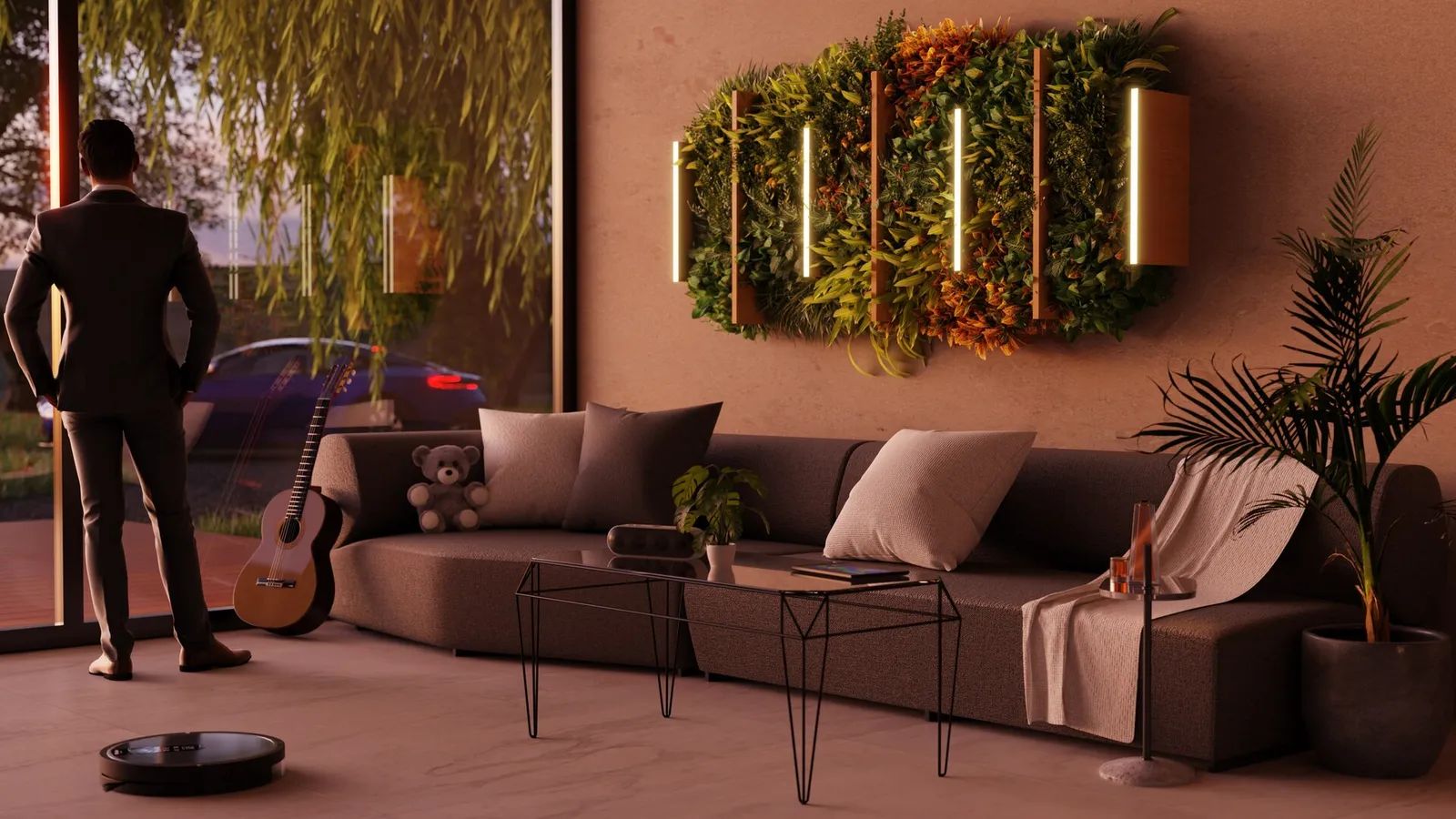 Contemporary interior scene with a living plant wall and soft ambient lighting, rendered in 3D