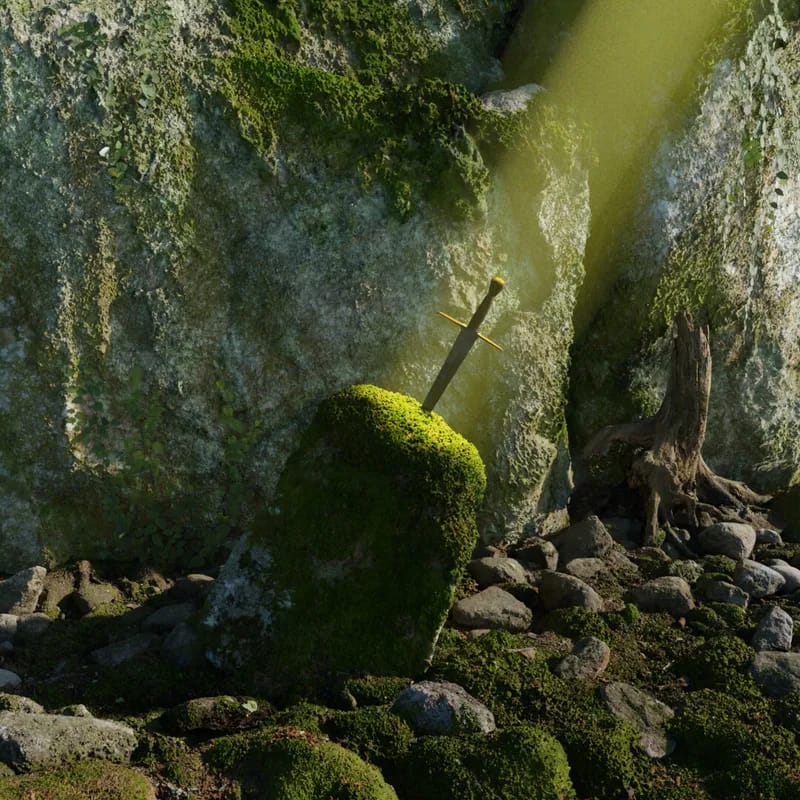Fantasy scene showing a sword embedded in a moss-covered stone, rendered in 3D