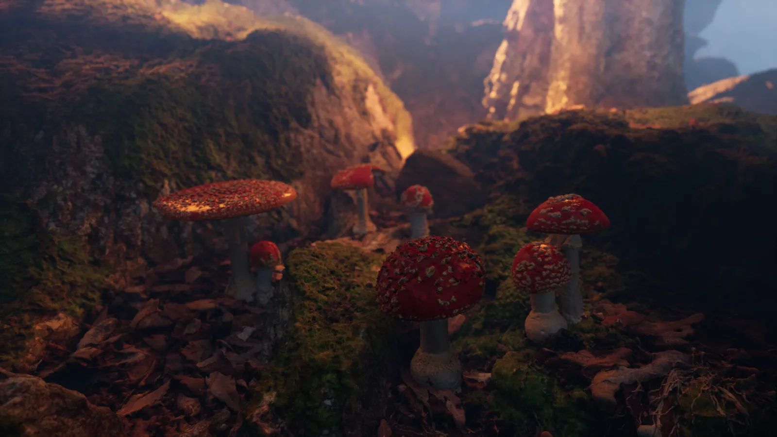 Atmospheric forest scene with red mushrooms growing on a mossy ground, rendered in 3D